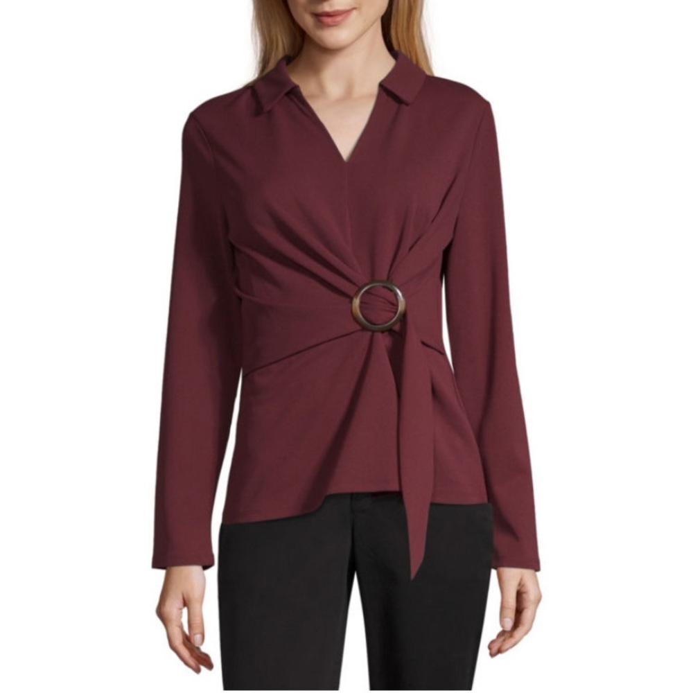 NWT Worthington L/S Gathered Front Knit Blouse